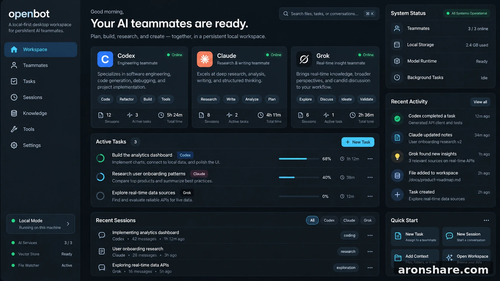 openbot A local-first desktop workspace for persistent AI teammates 核心功能与操作界面展示