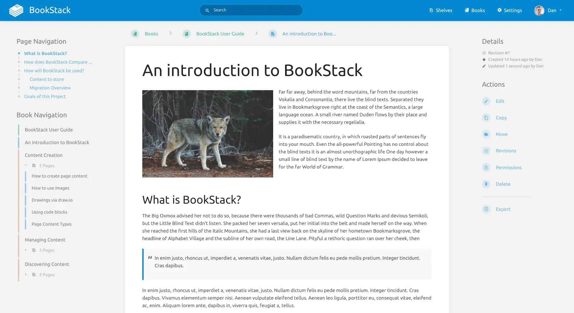 BookStack 官方展示的文档阅读页与目录导航