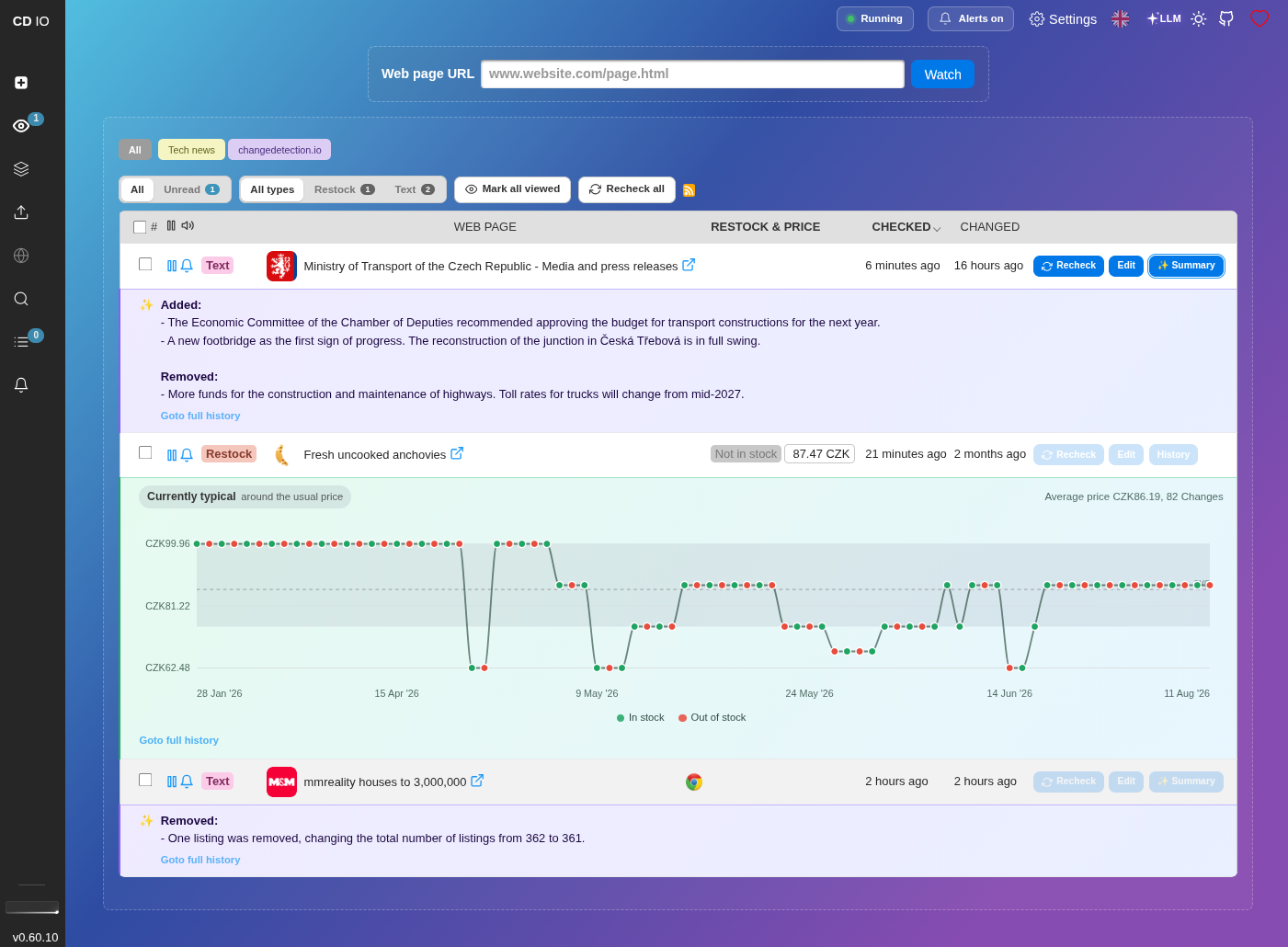 changedetection.io 官方截图中的监控列表、文字变化与价格历史图
