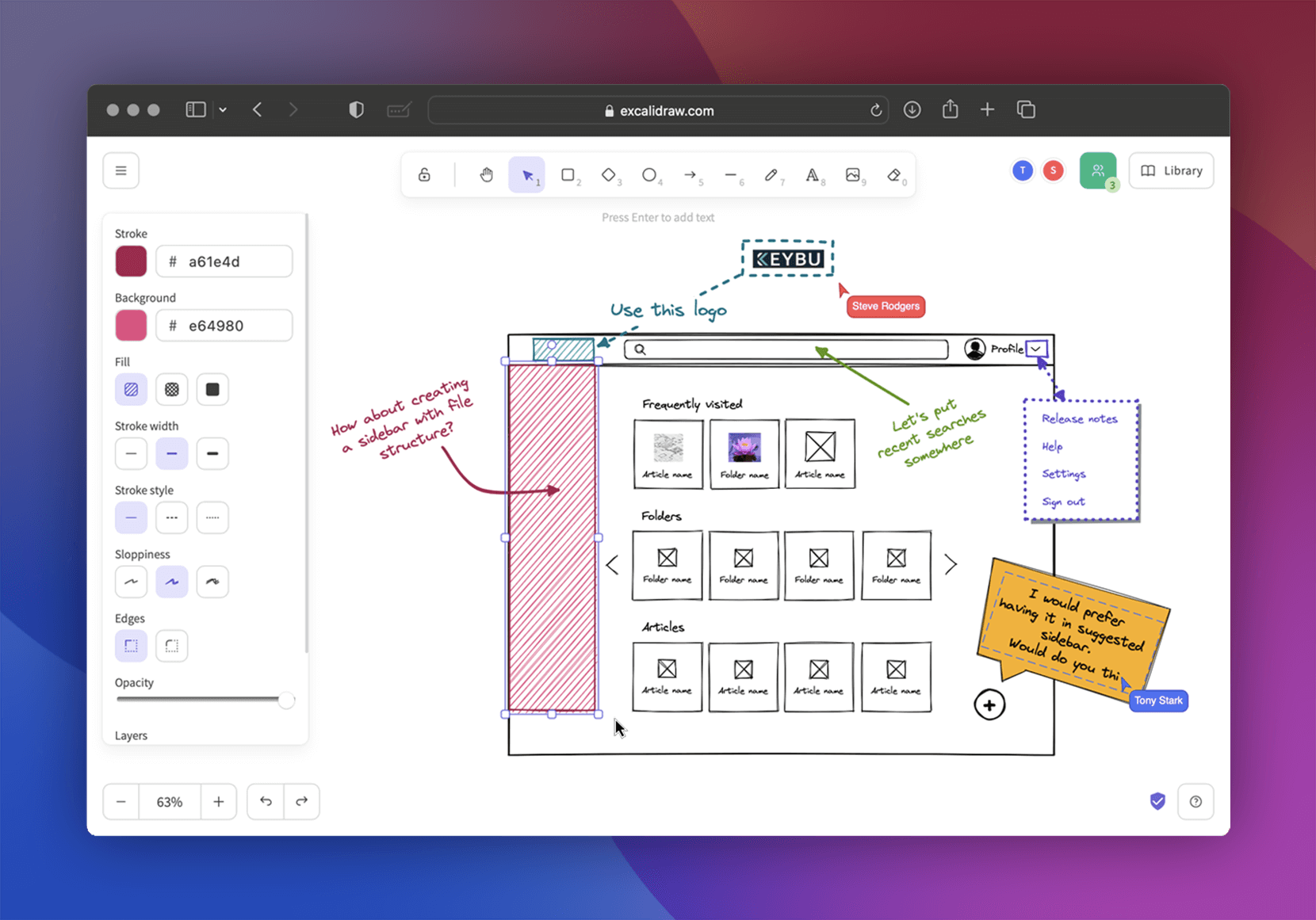 Excalidraw 官方展示的页面线框与多人标注界面