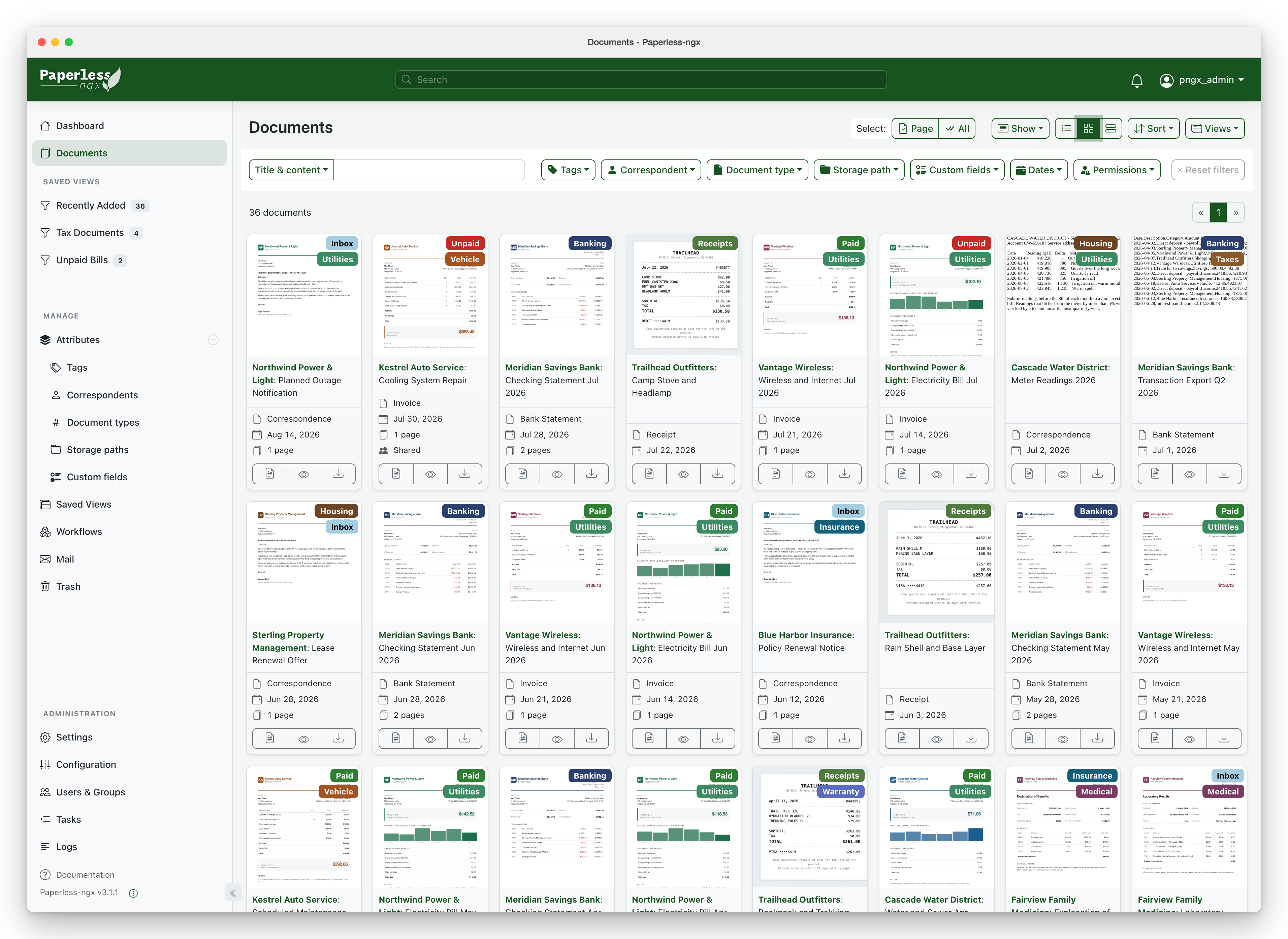 Paperless-ngx 官方文档卡片界面展示标签与筛选条件
