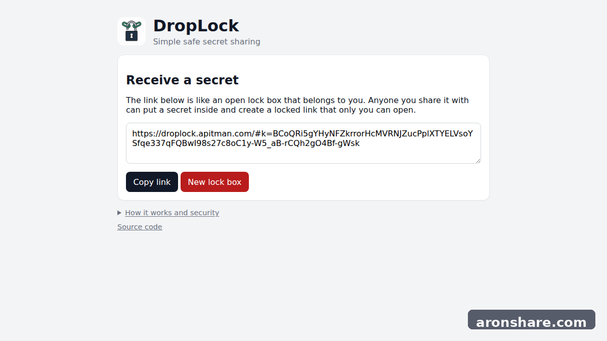DropLock 无需后端的端到端加密秘密共享工具，适合传递敏感文本与 API Key